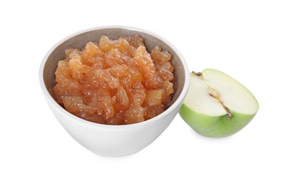 Delicious apple jam in bowl and half of fresh apple isolated on white