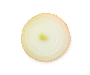 Slice of raw yellow onion on white background