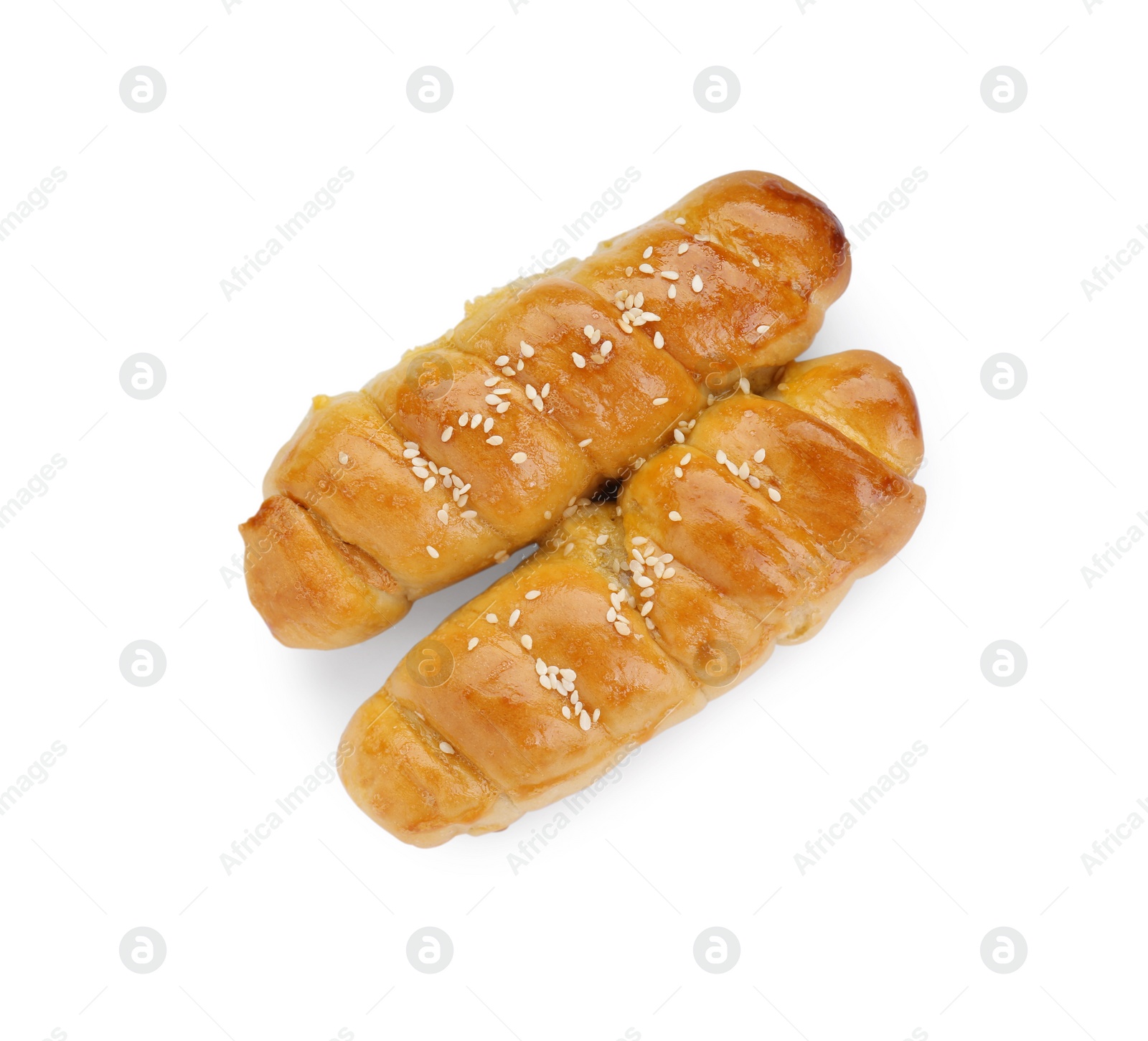 Photo of Delicious sausage rolls isolated on white, top view