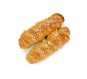 Delicious sausage rolls isolated on white, top view