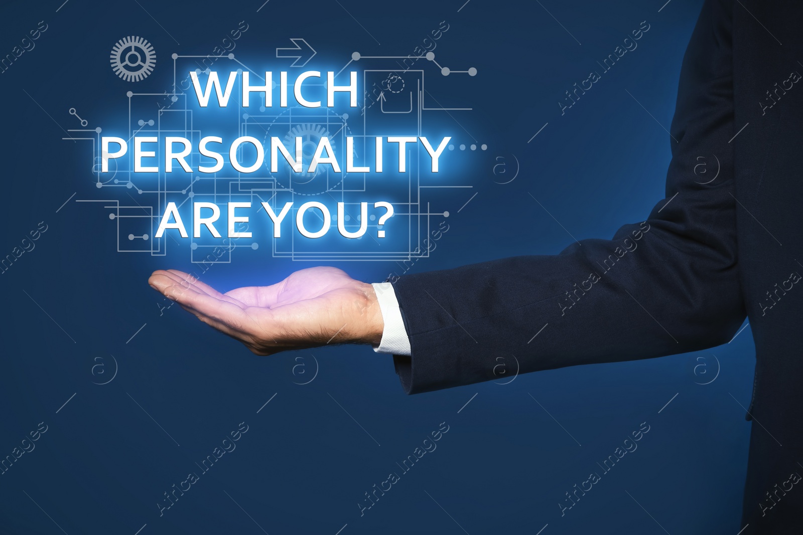 Image of Man showing question Which personality are you? on virtual screen against dark blue background, closeup 