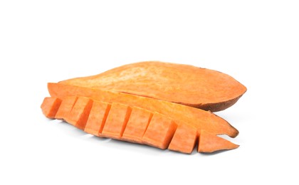 Photo of Cut fresh sweet potato isolated on white