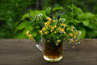 Composition with different fresh herbs in cup of tea on wooden table outdoors