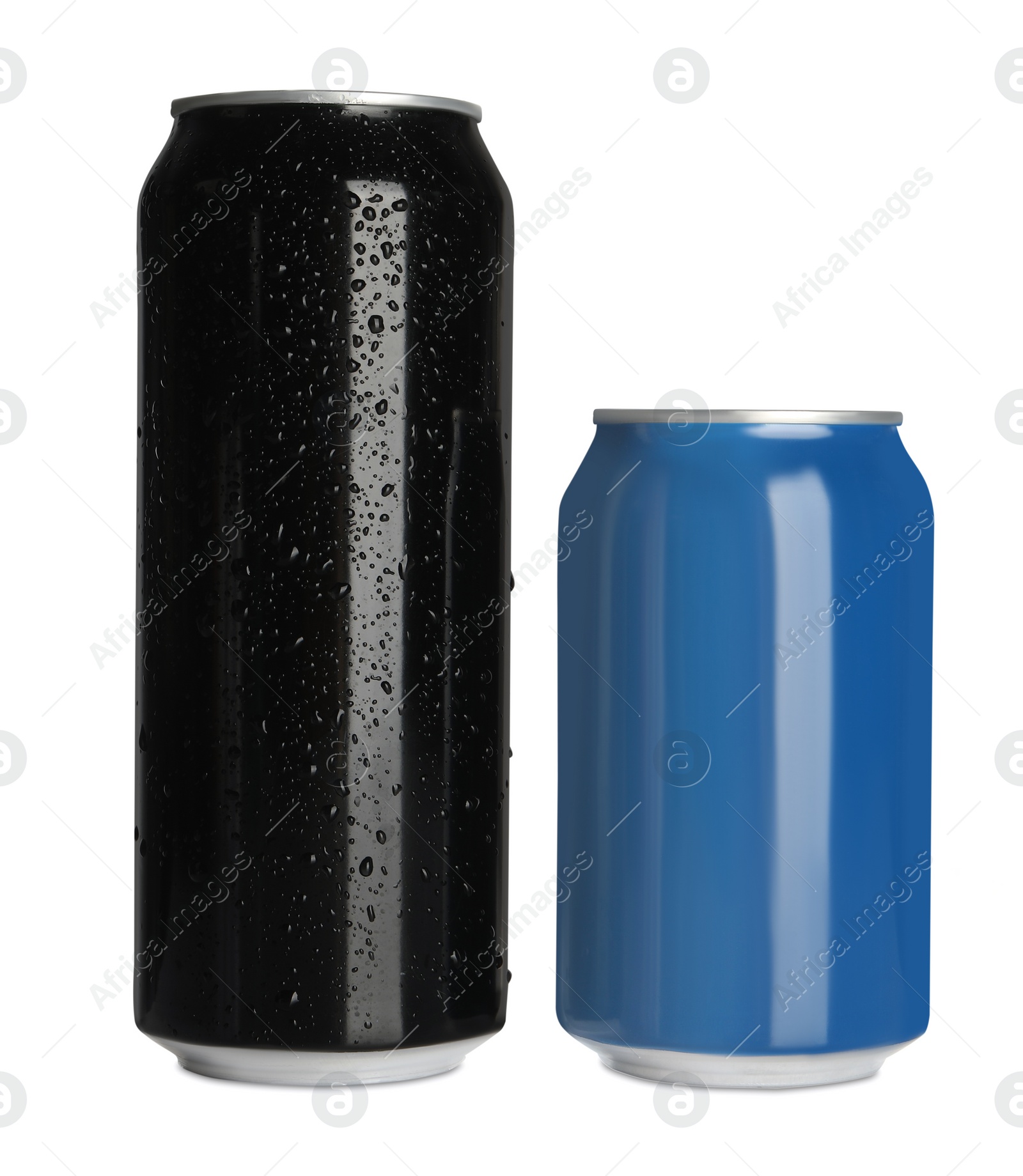 Photo of Aluminum cans with drinks on white background