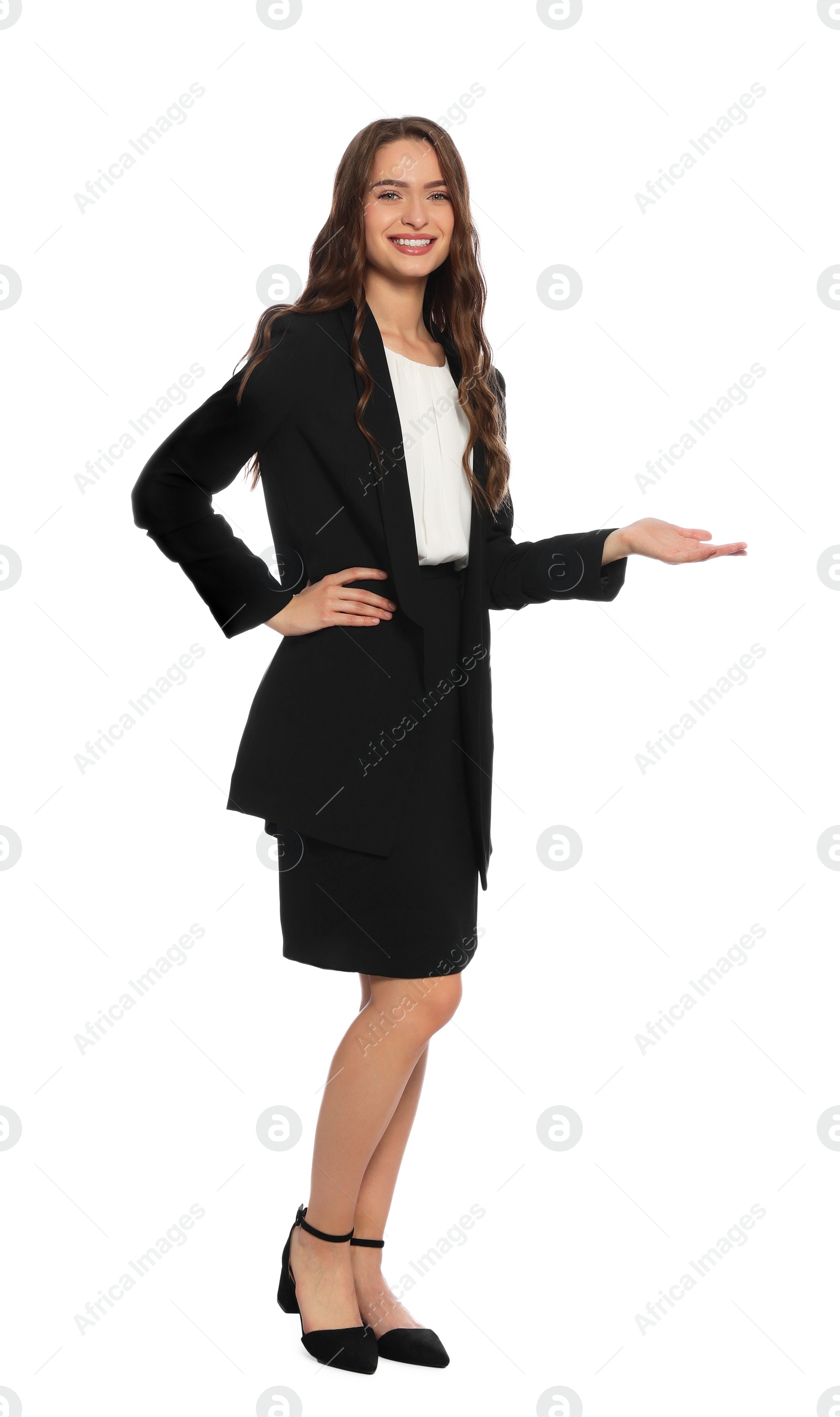 Photo of Full length portrait of hostess in uniform on white background