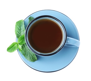 Photo of Cup with hot aromatic mint tea isolated on white, top view