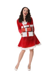 Photo of Beautiful young woman in Christmas red dress holding gift boxes isolated on white