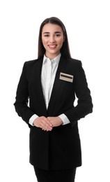 Photo of Portrait of happy young receptionist in uniform on white background