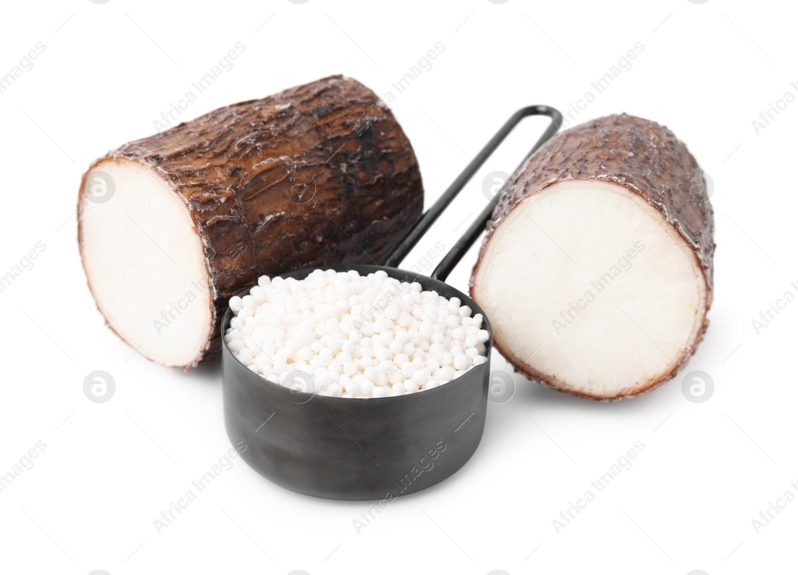 Photo of Scoop with tapioca pearls and cassava roots isolated on white