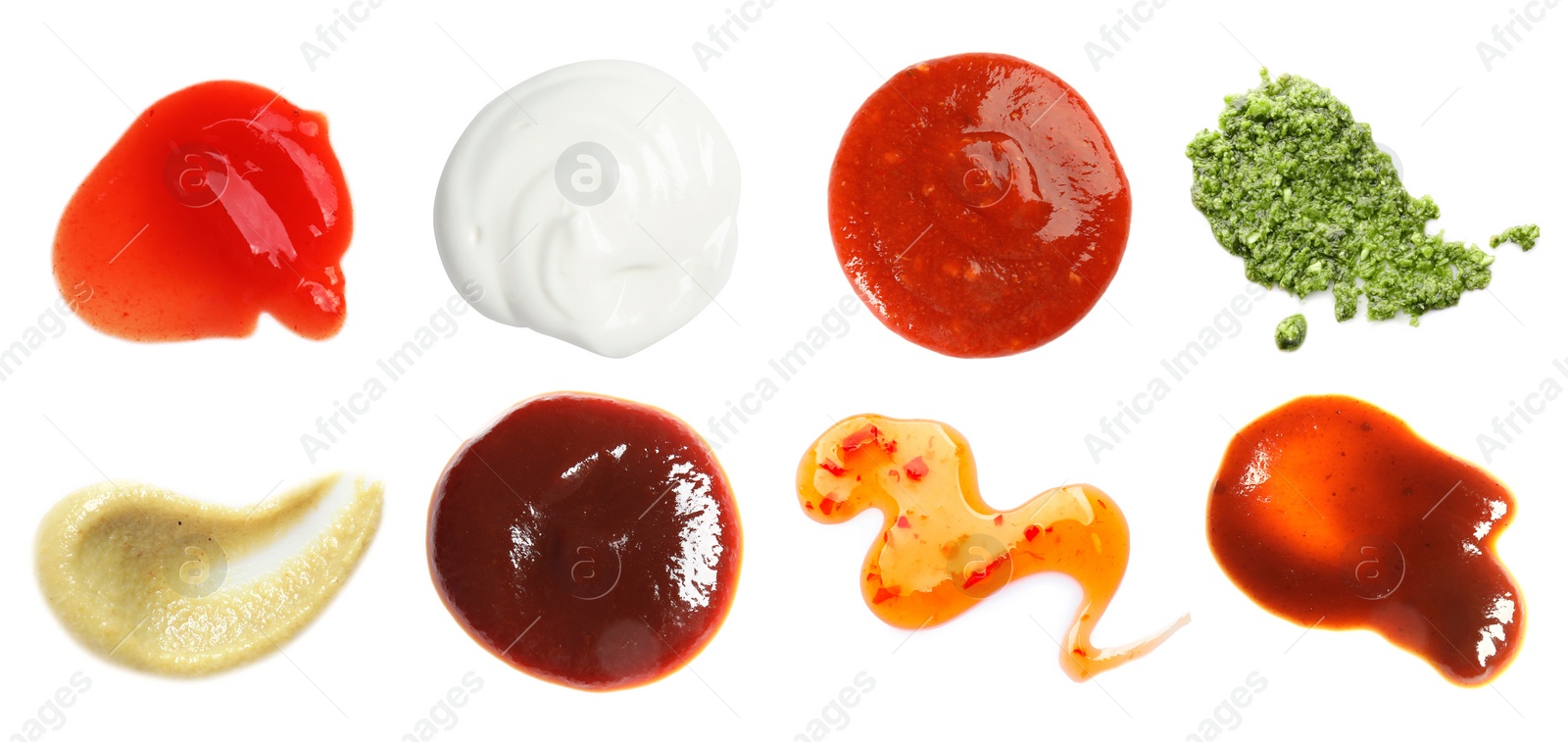 Image of Set with samples of different sauces on white background