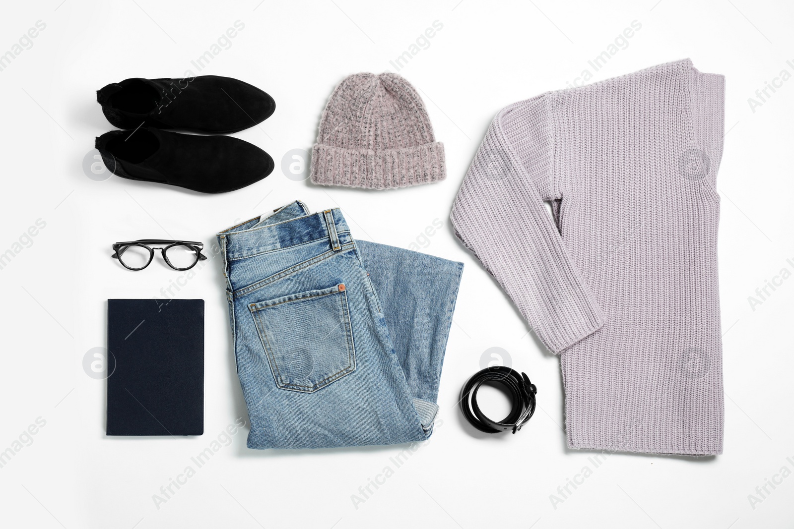 Photo of Set of stylish clothes and accessories on white background, flat lay