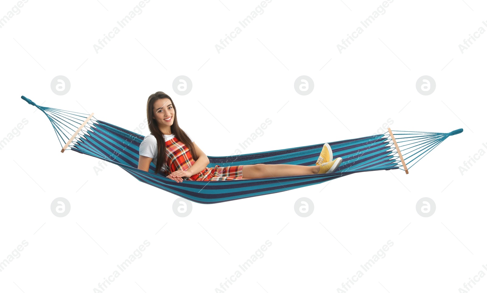 Photo of Woman resting in hammock on white background