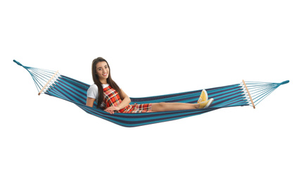 Photo of Woman resting in hammock on white background