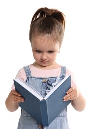 Cute little girl reading book on white background