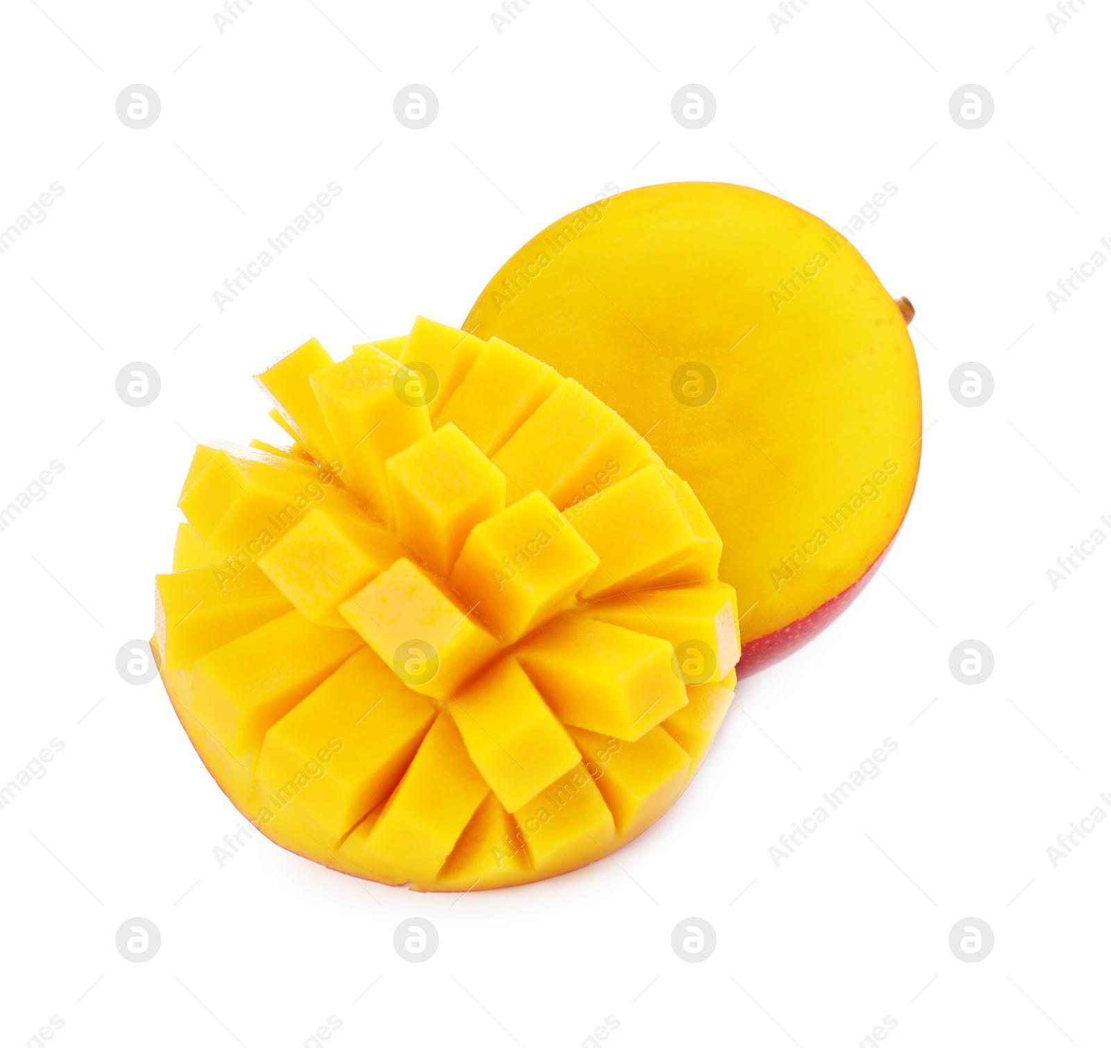 Photo of Cut ripe mangoes isolated on white. Exotic fruit