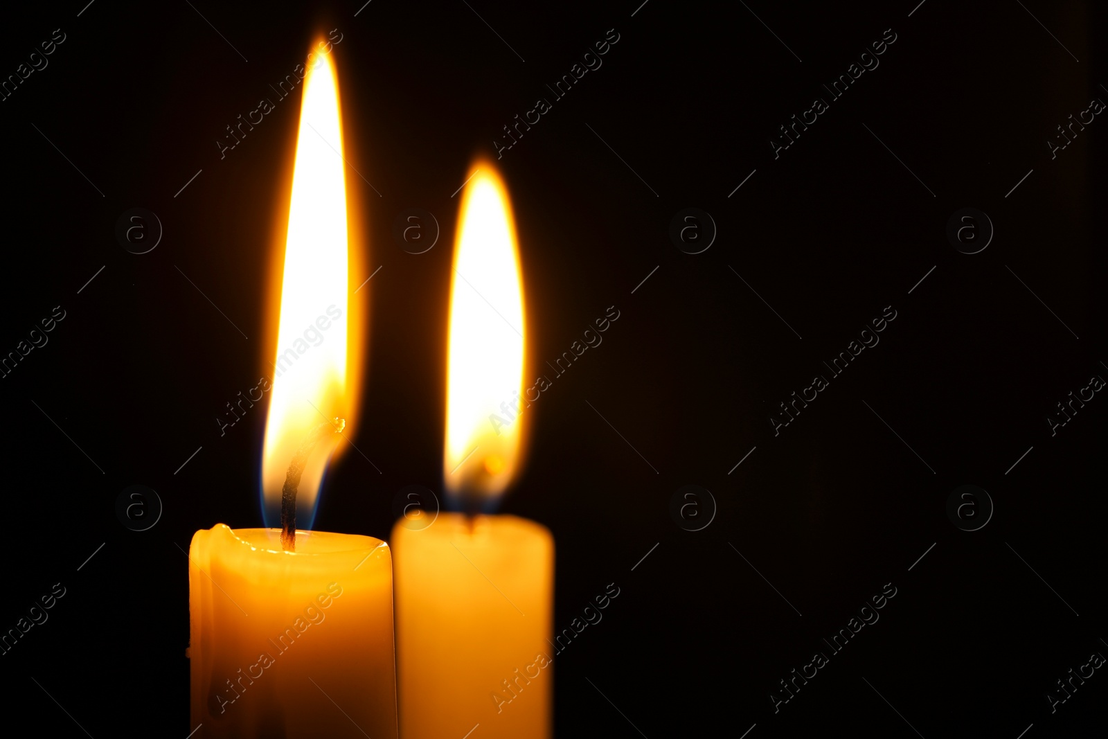 Photo of Burning candles on black background, closeup. Space for text