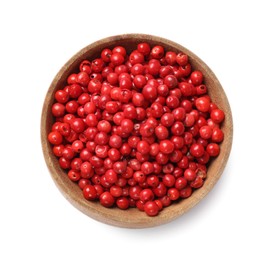 Photo of Aromatic spice. Red pepper in bowl isolated on white, top view