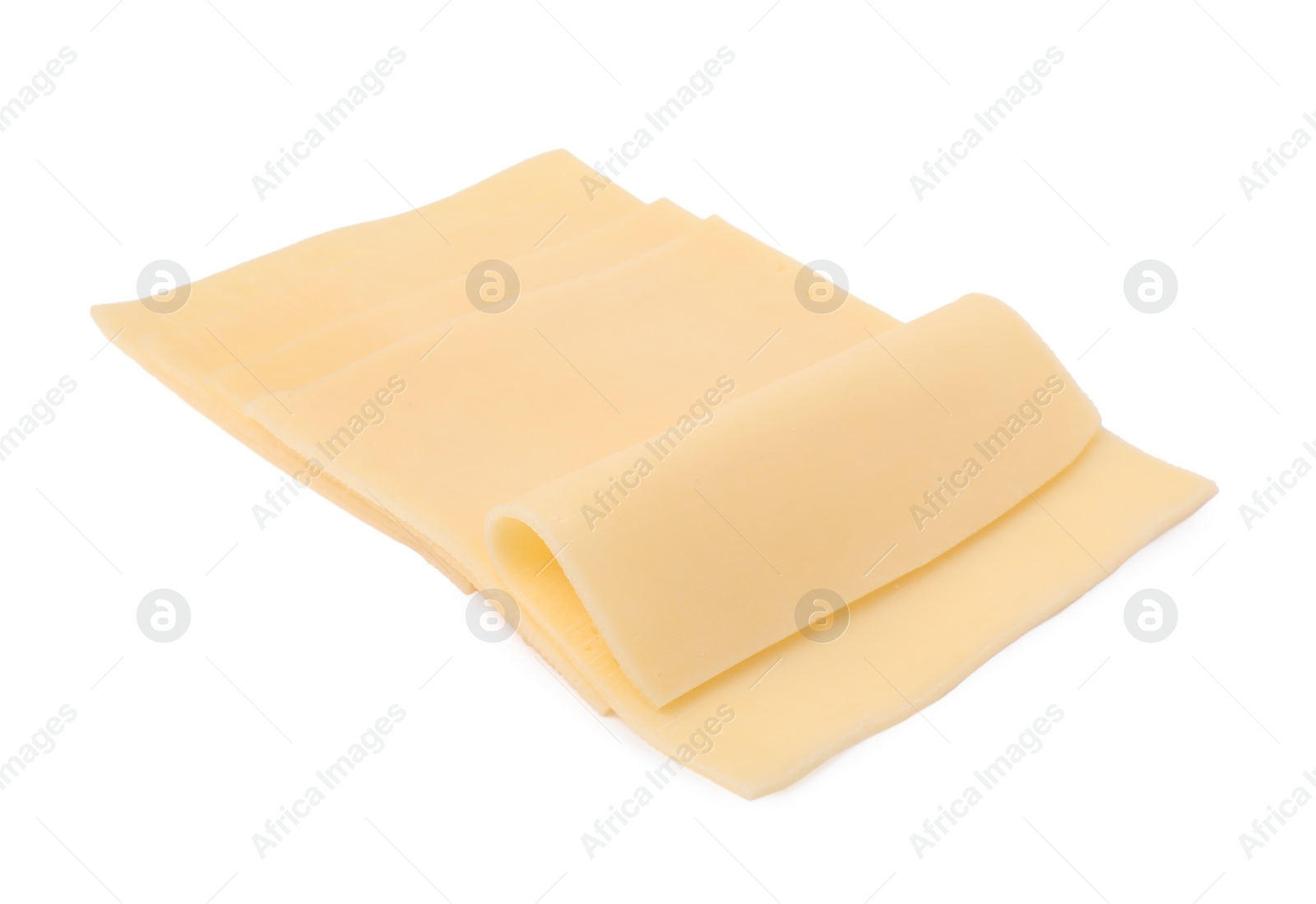 Photo of Slices of tasty fresh cheese isolated on white