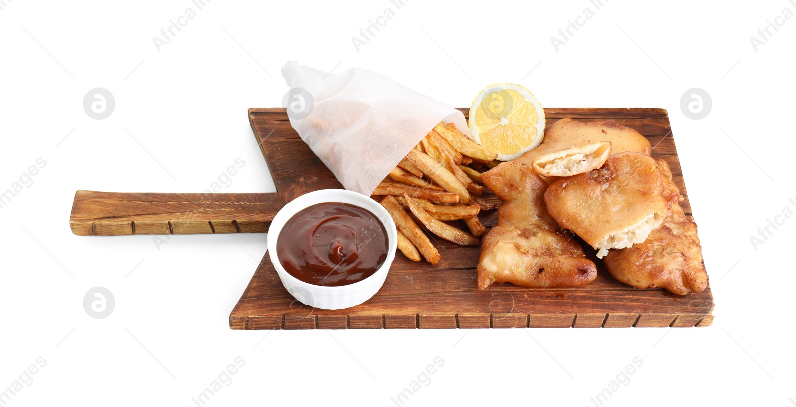 Photo of Tasty fish, chips and sauce isolated on white