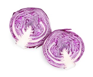 Photo of Halves of fresh ripe red cabbage on white background, top view