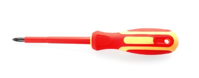 Color screwdriver on white background, top view. Electrician's tool