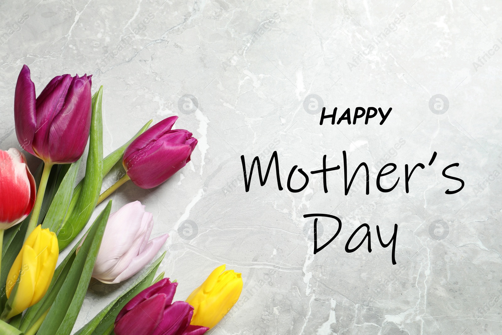 Image of Flat lay composition with beautiful tulips and phrase HAPPY MOTHER'S DAY on marble background