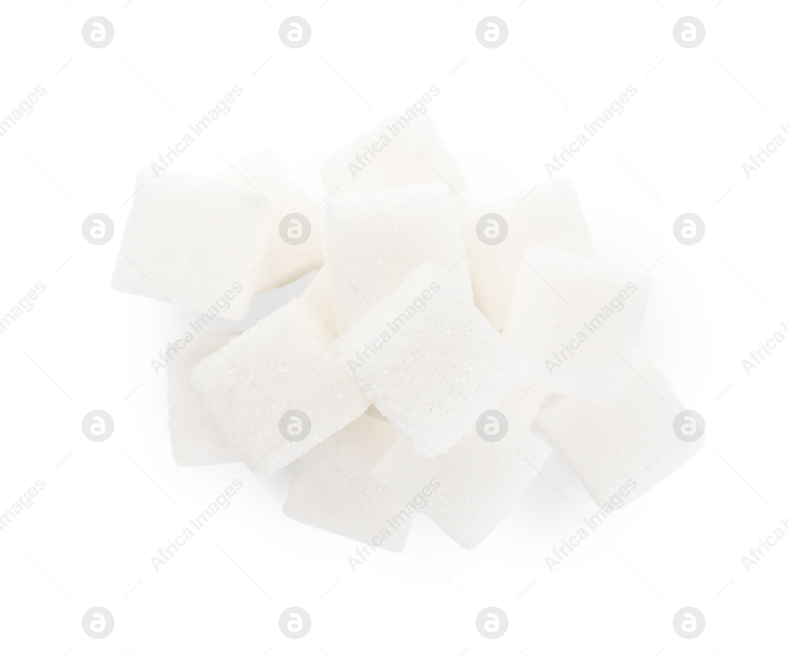 Photo of Pile of sugar cubes isolated on white, top view