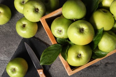 Photo of Ripe green apples with water drops, cutting board and knife on grey table, flat lay