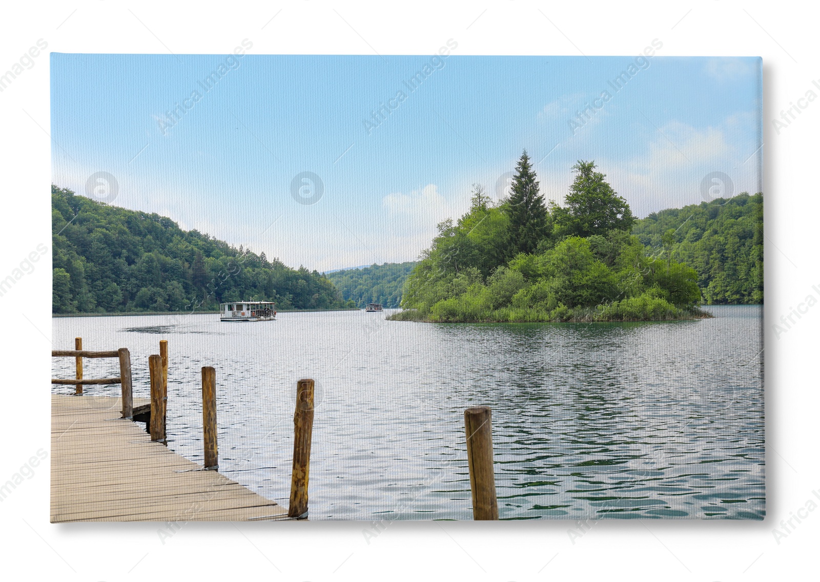 Image of Photo printed on canvas, white background. Picturesque view of beautiful river and boats with tourists on sunny day