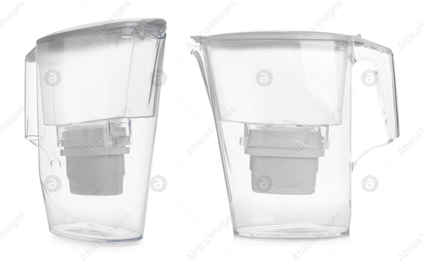 Image of Empty water filter jugs on white background, collage