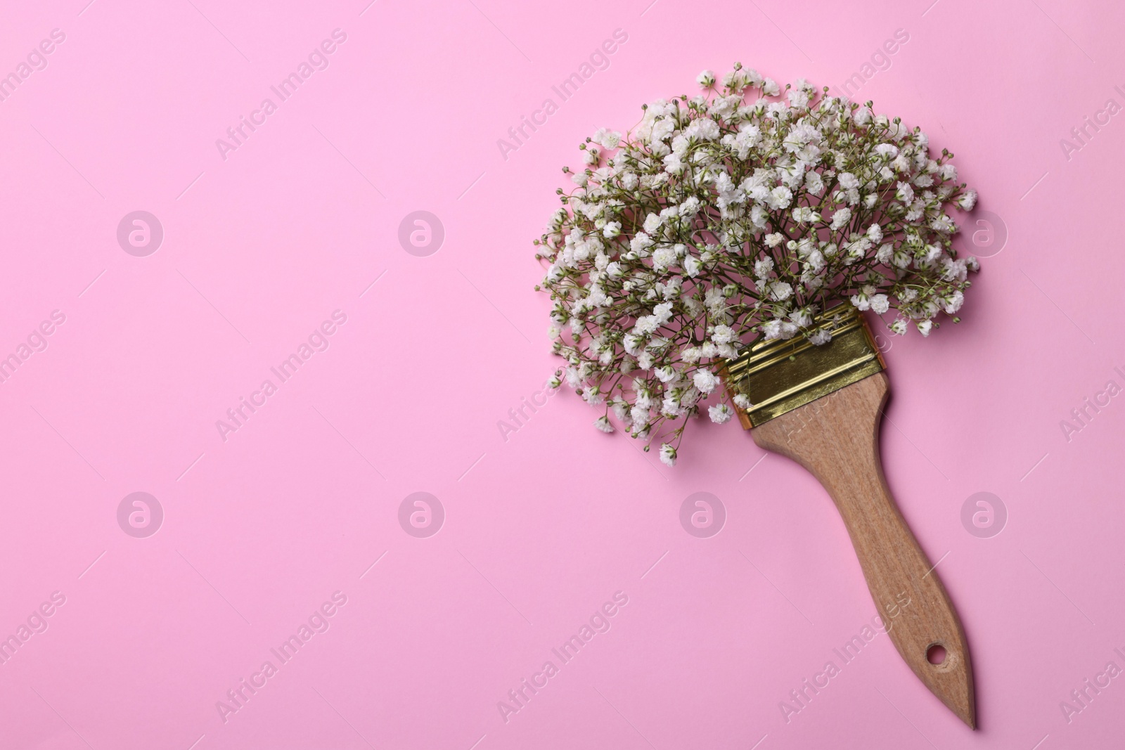 Photo of Creative composition with paint brush and gypsophila flowers on pink background, top view. Space for text