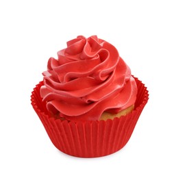 Photo of Tasty cupcake with red cream isolated on white