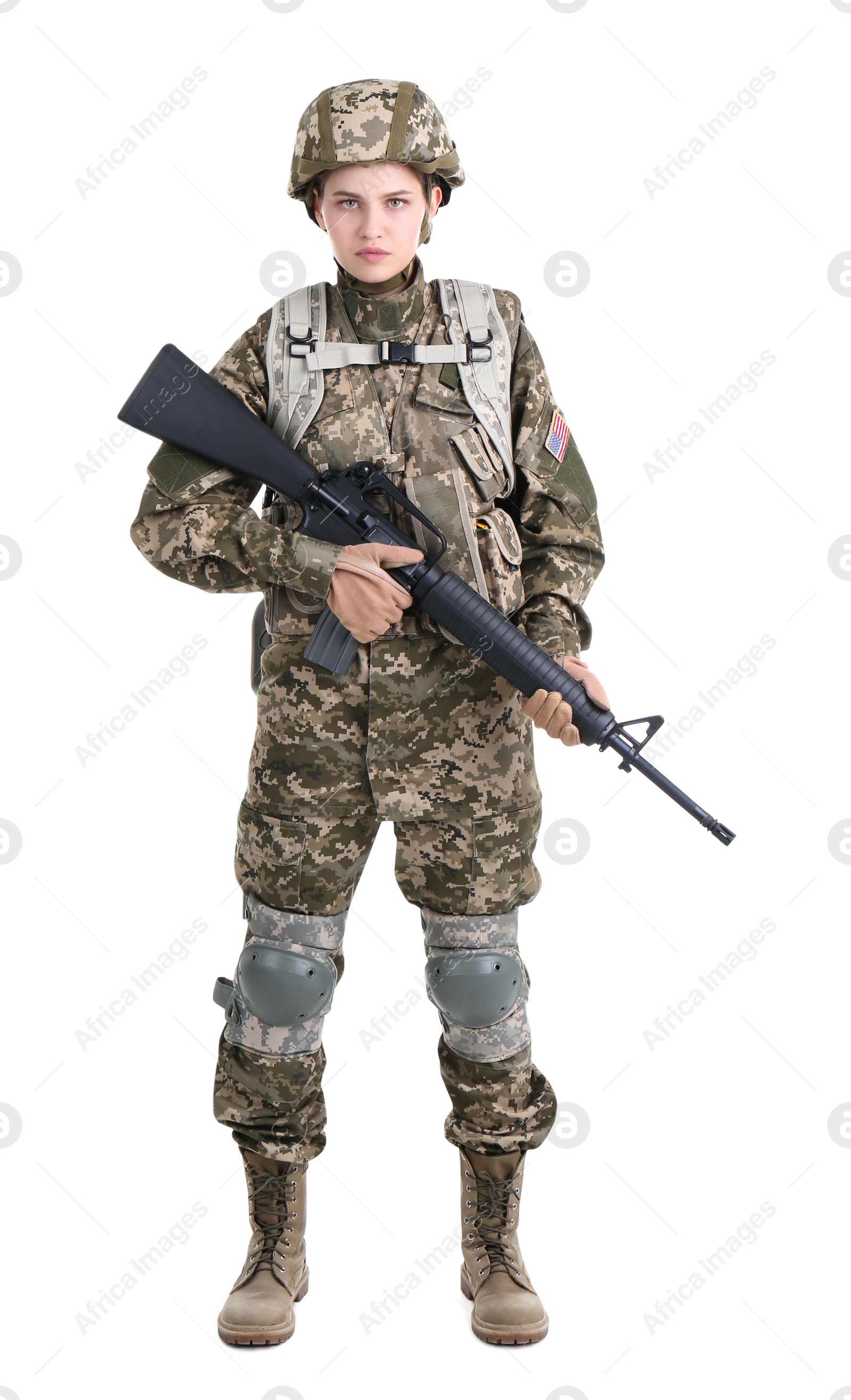 Photo of Female soldier with machine gun on white background. Military service