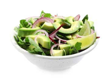 Delicious salad with avocado in bowl on white background 