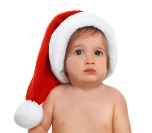 Photo of Cute little baby wearing Santa hat on white background. Christmas celebration