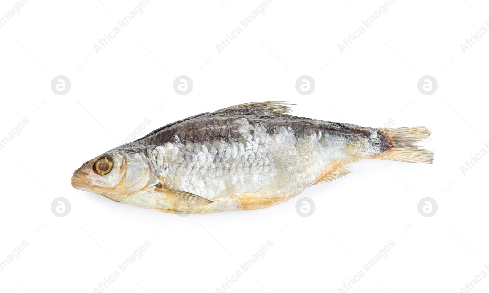 Photo of Tasty dried fish isolated on white, above view. Seafood