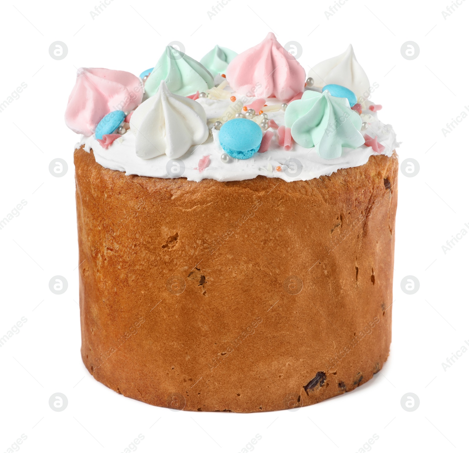 Photo of Traditional Easter cake with sprinkles and meringues isolated on white