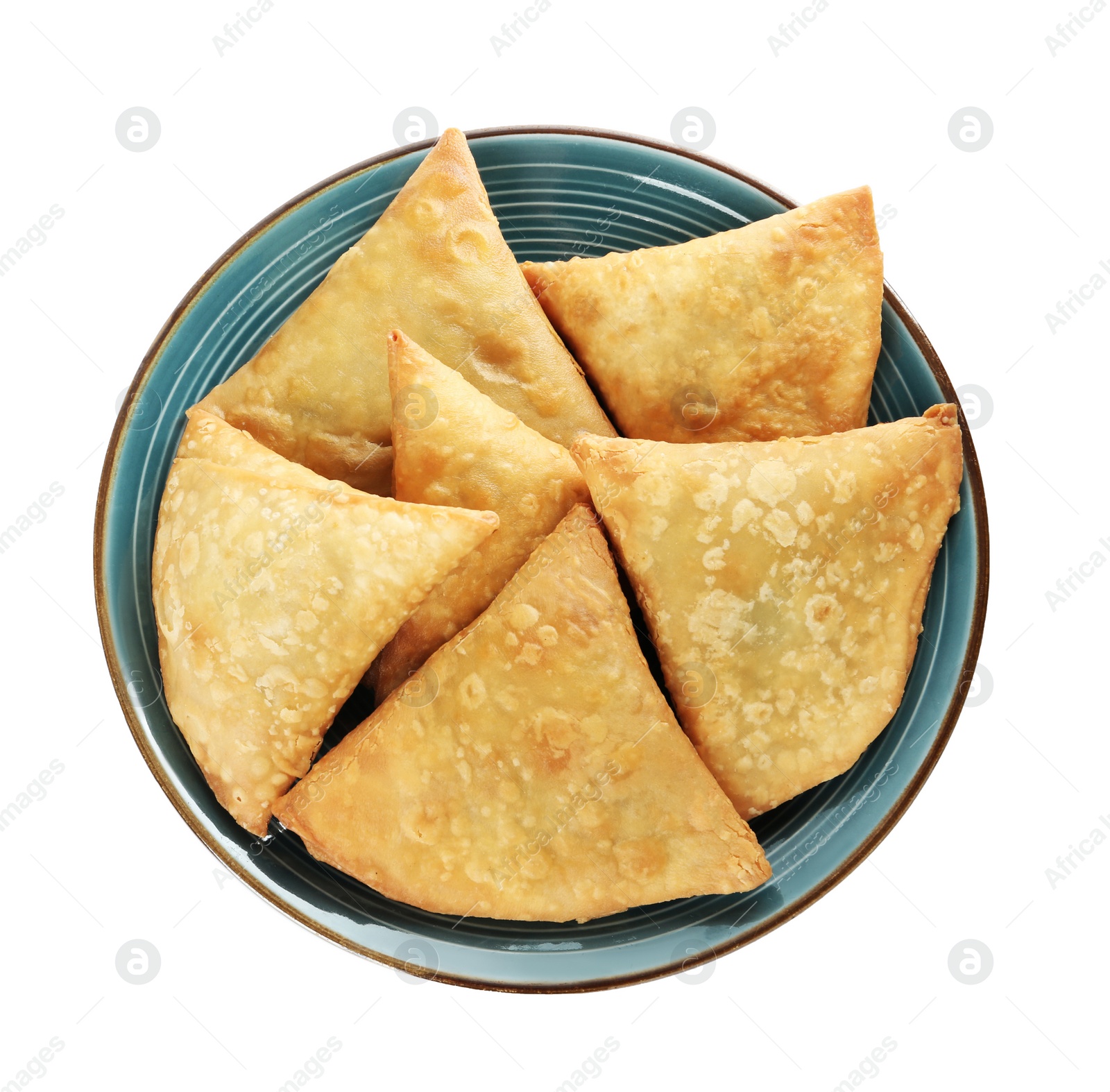 Photo of Fresh delicious crispy samosas on white background, top view