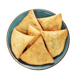 Fresh delicious crispy samosas on white background, top view