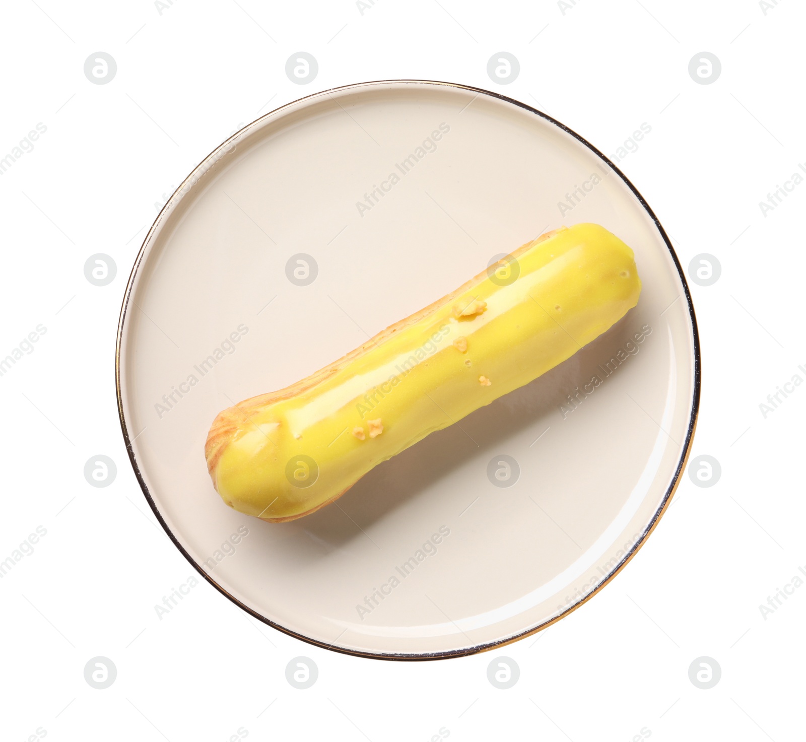 Photo of Delicious eclair covered with yellow glaze isolated on white, top view