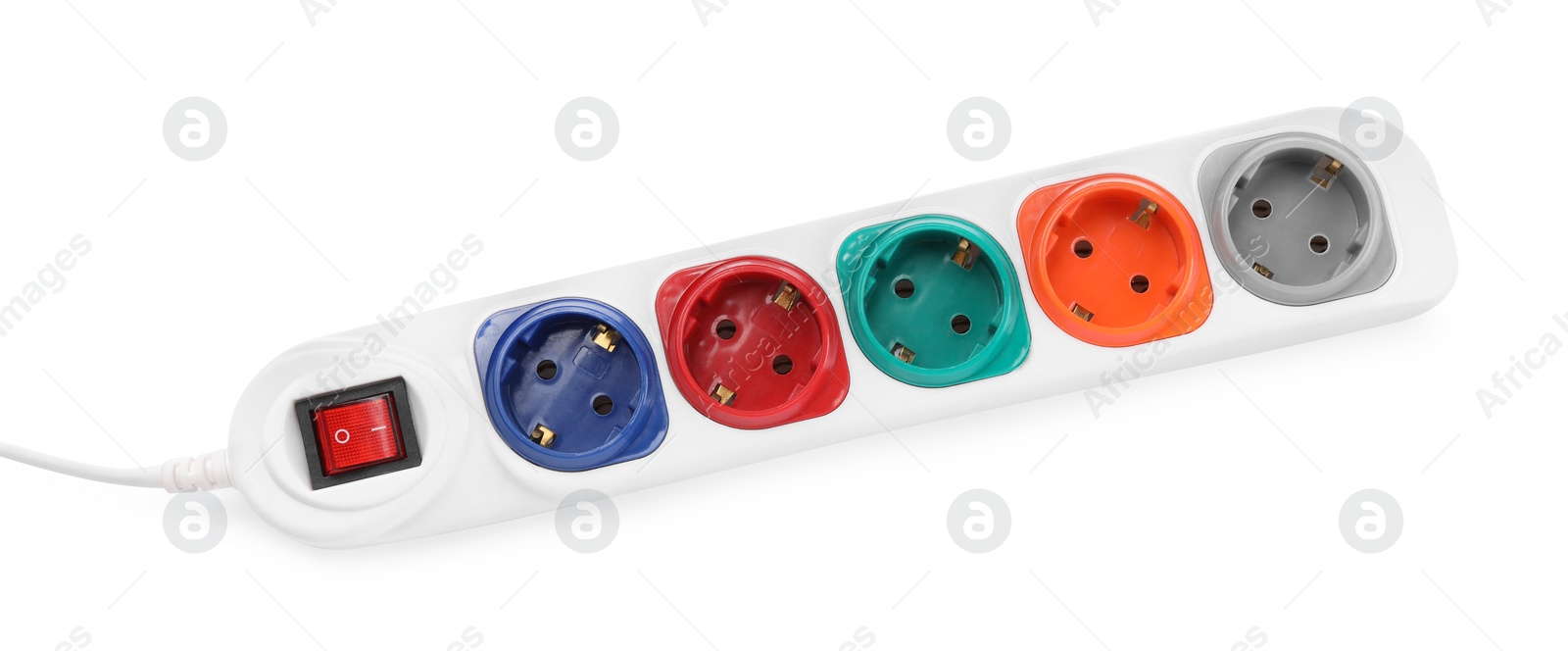 Photo of Power strip with extension cord on white background, top view. Electrician's equipment