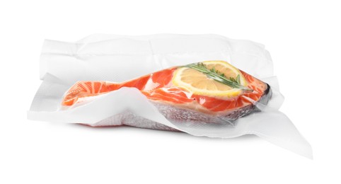 Photo of Salmon with lemon in vacuum pack on white background