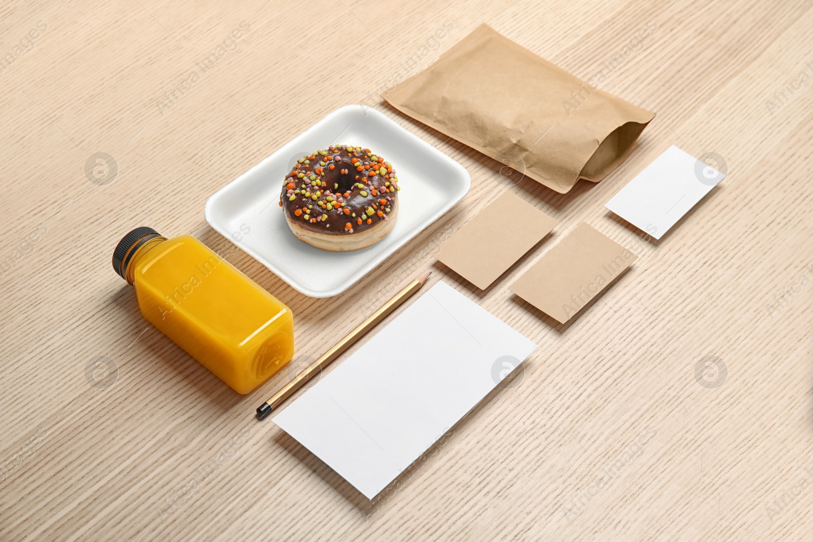 Photo of Composition with items for mock up design on wooden background. Food delivery service