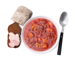 Tasty borscht and bread with ham isolated on white, top view