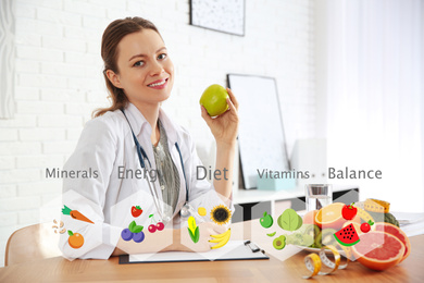 Image of Nutritionist's recommendations. Doctor with apple and clipboard at desk in office