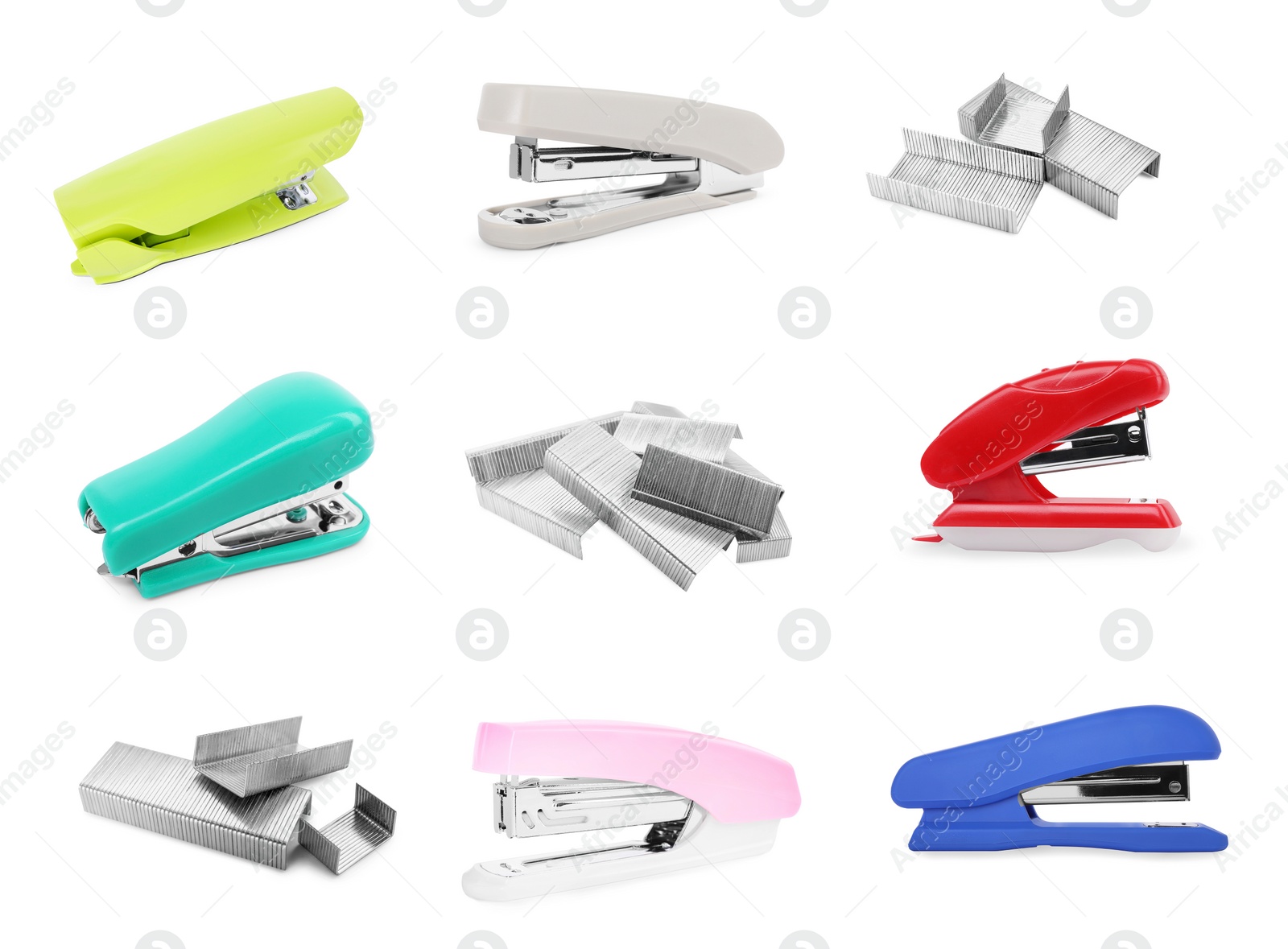 Image of Different colorful staplers and fasteners isolated on white, collection