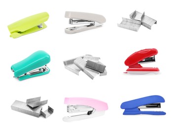 Image of Different colorful staplers and fasteners isolated on white, collection