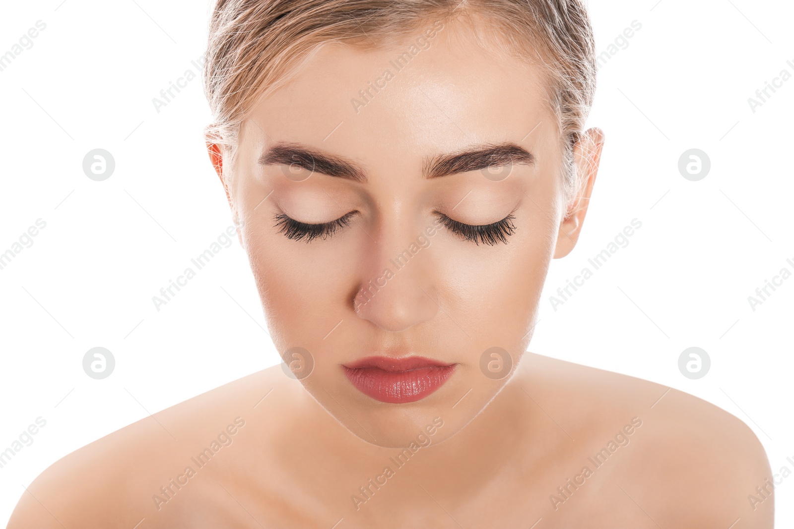 Photo of Young woman with natural eyelashes on white background