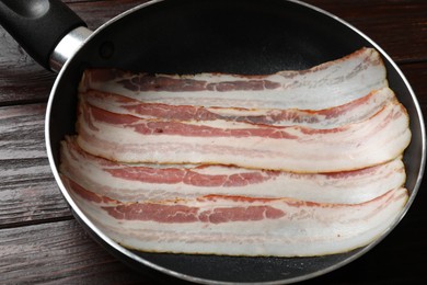 Slices of raw bacon in frying pan on wooden table, closeup