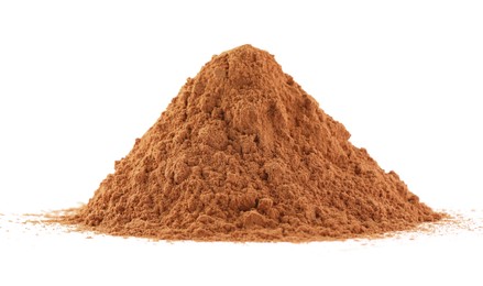 Photo of Pile of dry aromatic cinnamon powder isolated on white